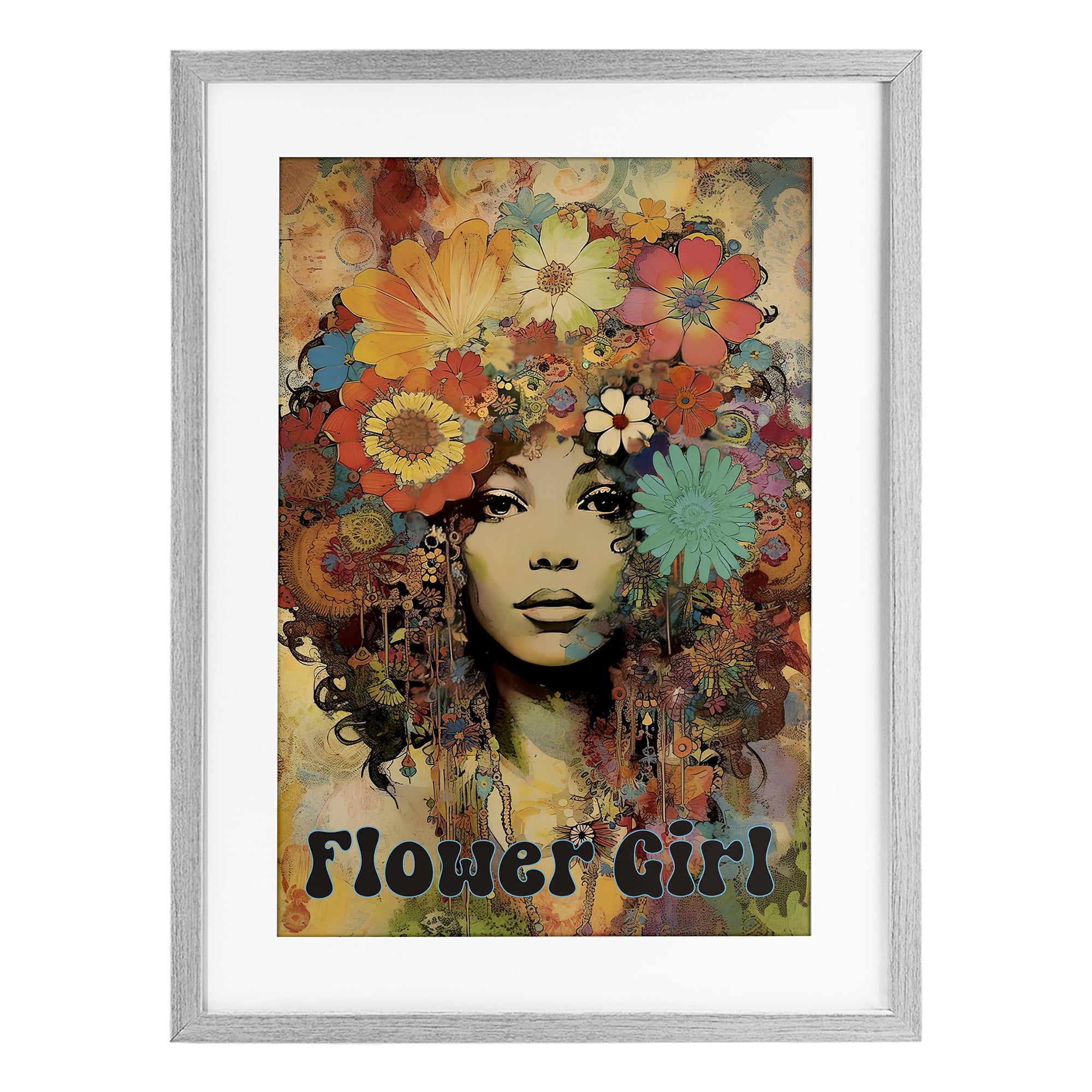 Bohemian Flower Girl Gray Framed Print Under Glass, design by Sasha