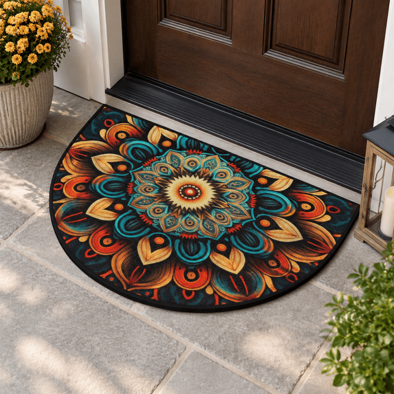 Bohemian Flower Half Round Doormat Boho Flwashable Semi Circle Area Rug ...