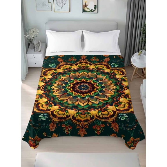 Bohemian Flower King Size Flat Sheet, Wrinkleproof & Fadeproof Cooling Flat Bed Sheet Only, Colorful Yellow Boho Rustic Tribal Breathable Soft Bedding Top Sheets 105 x 98 Inches