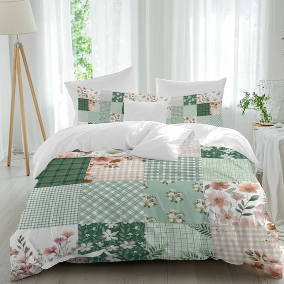 Bohemian Flower Patchwork Comforter Set Queen Size, Spring Vintage Green Boho Floral Leaf Plaid Soft Bedding Set for Man Woman, 4 Pieces Duvet Cover Set with Fitted Sheet, 2 Pillowcases