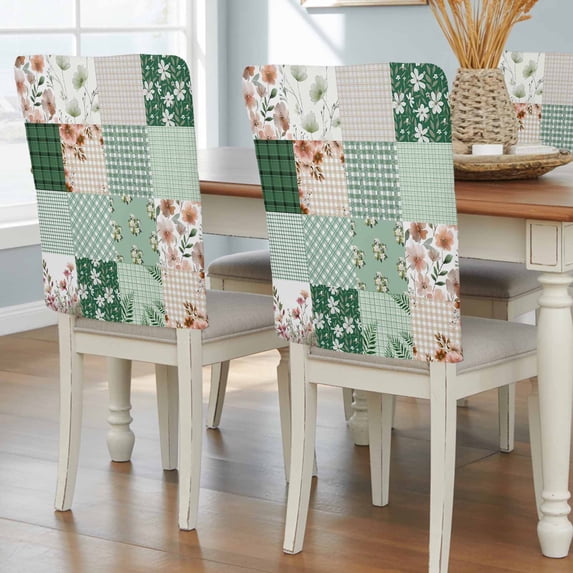Bohemian Flower Patchwork Dining Chair Back Cover Only, Spring Vintage Green Boho Floral Leaf Plaid Set of 4 Chair Back Covers, Removable Washable for Dining Room, Banquet & Holiday Decoration