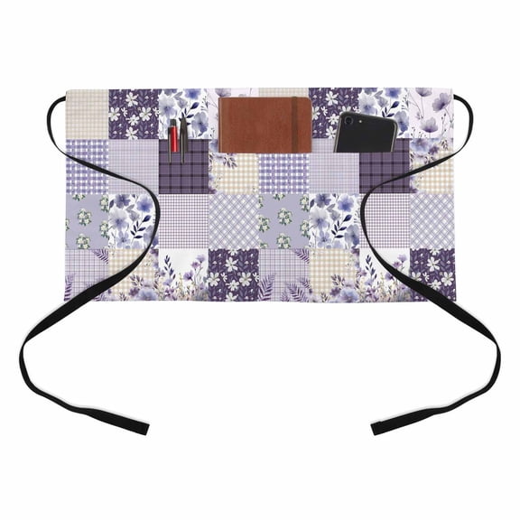 Bohemian Flower Patchwork Kitchen Restaurant Half Waist Apron, Spring Vintage Light Purple Boho Floral Leaf Plaid Server Short Apron with 3 Pockets Waterproof Oil Waist Aprons for Women Waiter