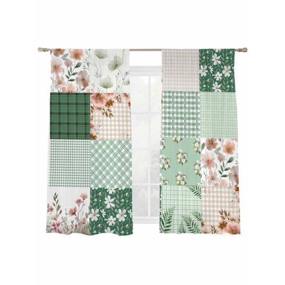 Bohemian Flower Patchwork Sheer Curtains 2 Panels Set Spring Vintage Green Boho Floral Leaf Plaid Sheer Window Curtains Light Filtering Rod Pocket Voile Drapes for Bedroom Living Room 52"X72"
