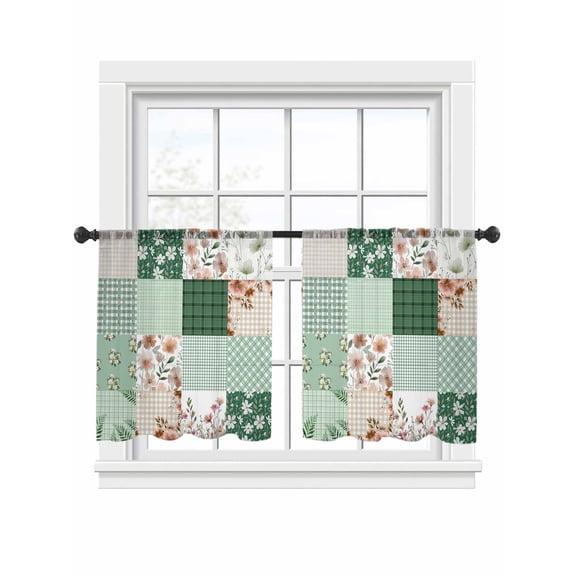 Bohemian Flower Patchwork Sheer Curtains 2 Panels Set Spring Vintage Green Boho Floral Leaf Plaid Sheer Window Curtains Light Filtering Rod Pocket Voile Drapes for Bedroom Living Room 52"x45"