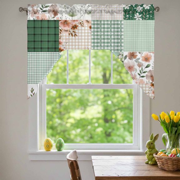 Bohemian Flower Patchwork Swag Valances for Kitchen Window, Spring Vintage Green Boho Floral Leaf Plaid Small Swag Valances Rod Pocket Curtain Drapes Window Treatment for Bedroom Bathroom, 56x36 Inch
