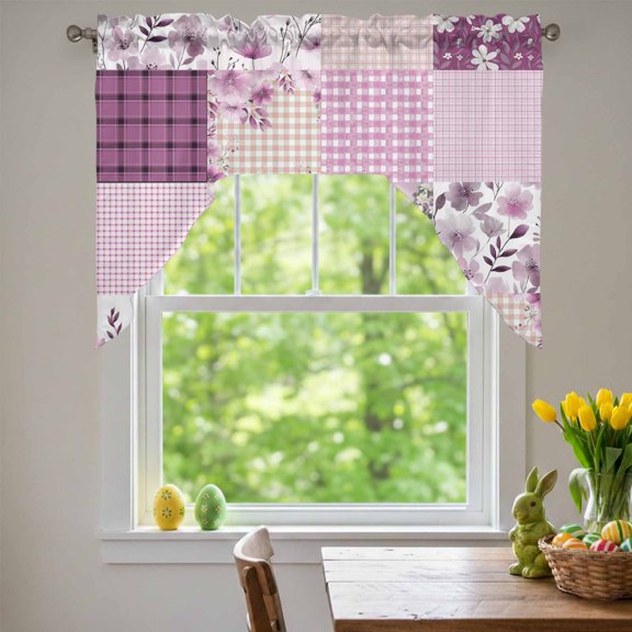 Bohemian Flower Patchwork Swag Valances for Kitchen Window, Spring Vintage Purple Boho Floral Leaf Plaid Small Swag Valances Rod Pocket Curtain Drapes Window Treatment for Bedroom Bathroom 56x36 Inch