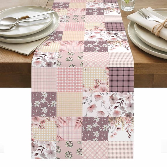 Bohemian Flower Patchwork Table Runner, Spring Vintage Pink Boho Floral ...