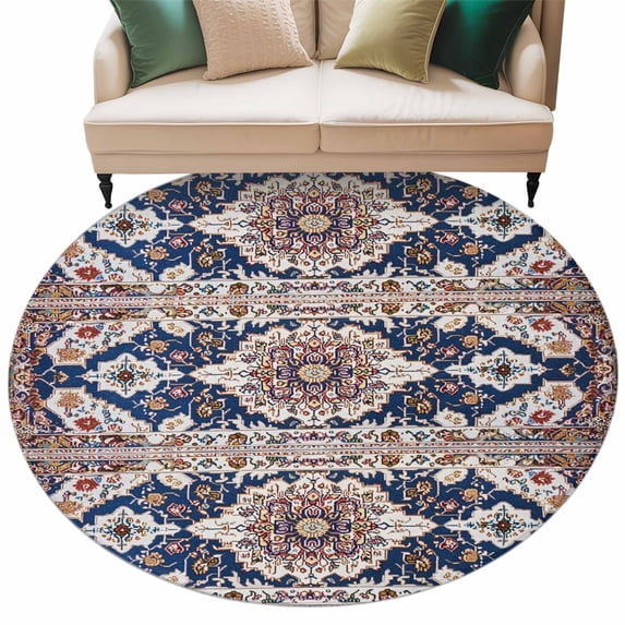 Bohemian Flower Pattern Round Area&nbsp;Rug 8ft Vintage Boho Ethnic Tribal Floral Leaf Non-Slip&nbsp;Washable Circle Rugs Soft Felt Indoor Floor Mat for Bedroom Kitchen Living Room Bathroom