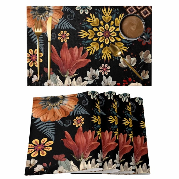 Bohemian Flower Placemats Set of 1, Retro Yellow Red Beige Floral Art Black Background Non-Slip Place Mats Washable Table Mats for Kitchen Dining Table Decorations Indoor/Outdoor