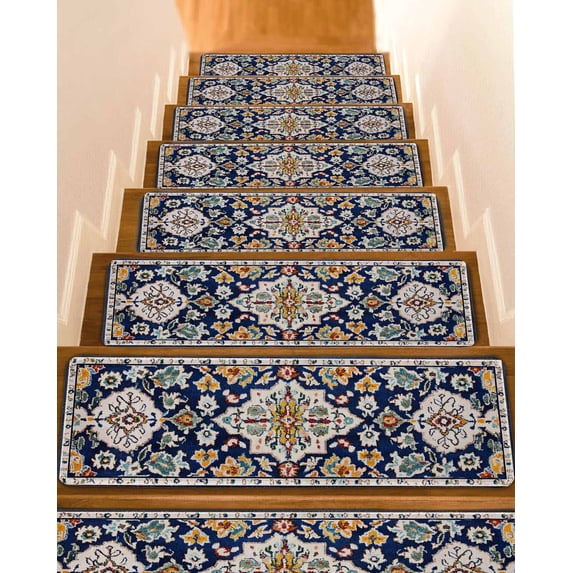 Bohemian Flower Stair Treads Non Slip for Steps Vintage Boho Ethnic Tribal Floral Leaf Pattern 10 Pcs Reusable Adhesive Stair Runner Mats for Dogs Elders Carpet Treads Rugs for Staircase 8x30 In