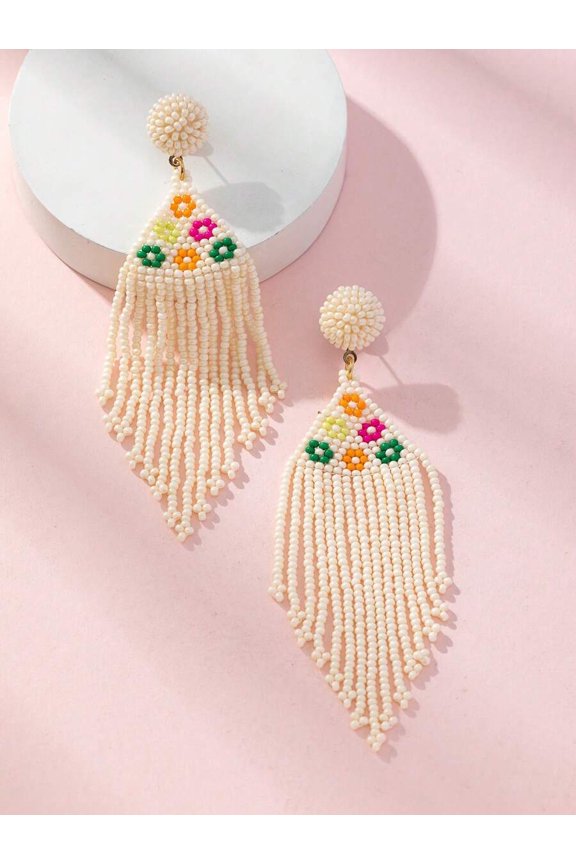 Bohemian Flower Tassel Beaded Earrings Multicolor Pair