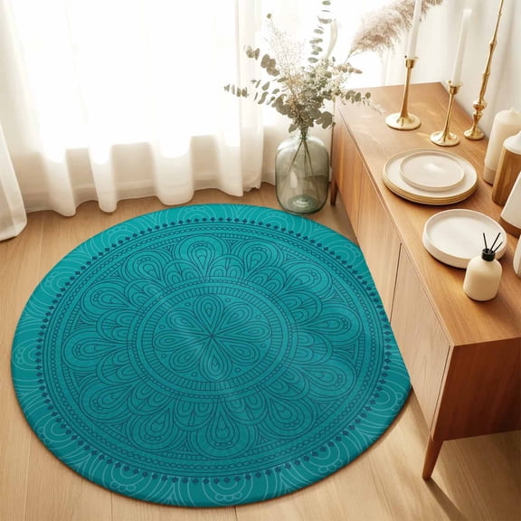 Bohemian Flower on Teal Green Round Area Rug 3ft,Living Room Rug Non-Slip Washable Circle Rugs Pad,Boho Chic Blossom Floral Soft Floor Carpet for Bedroom Dining Room