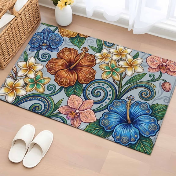 Bohemian Flowers 2'x3' Rug for Entryway Front Door Kitchen Sink Area, Retro Blue Gold Flower Green Leaf Low Pile Washable Non Slip Rectangle Area Rug