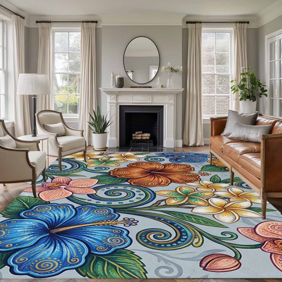 Bohemian Flowers 8'x10' Large Area Rug for Living Room Sectional Sofa, Retro Blue Gold Flower Green Leaf Washable Non Slip Low Pile Rectangle Area Rug