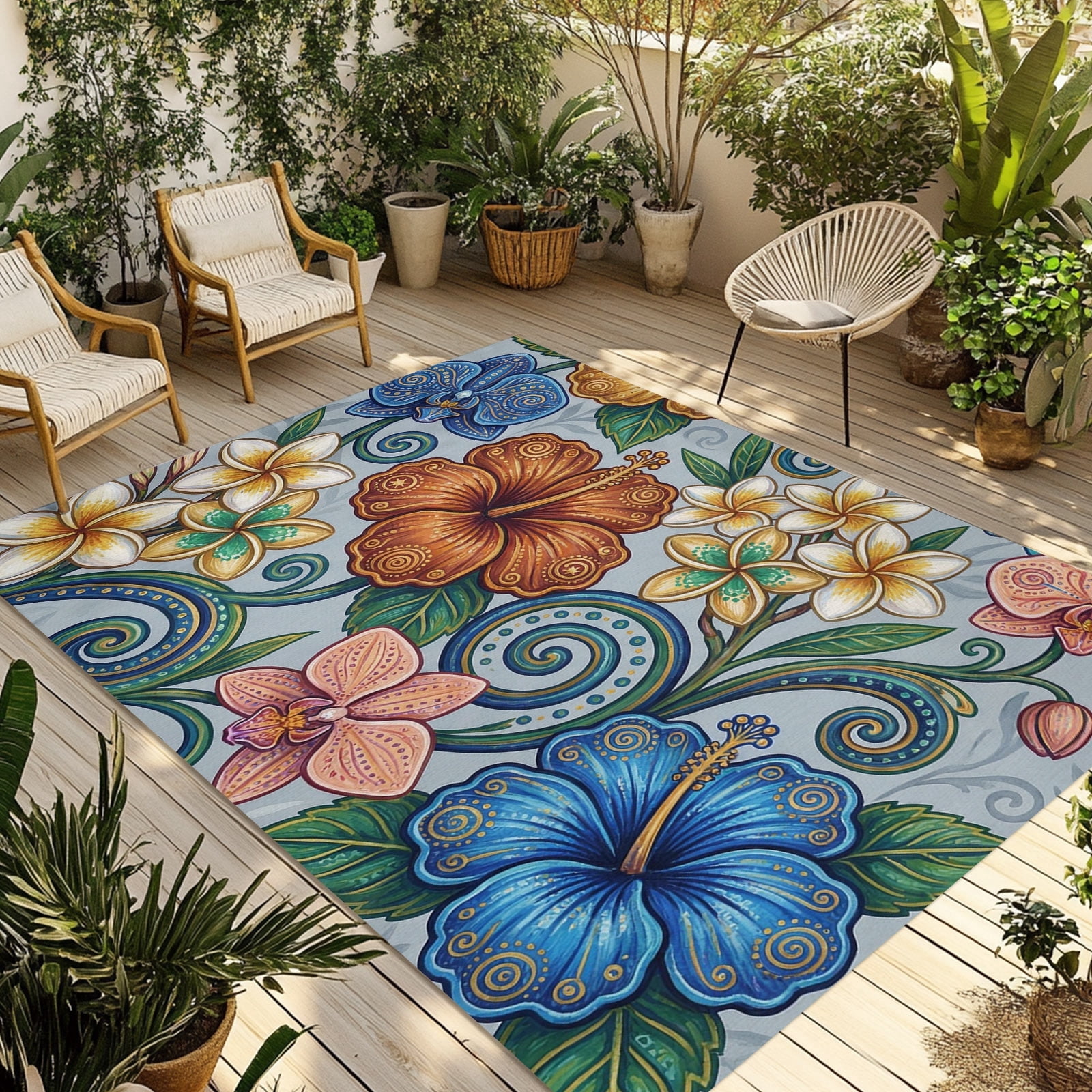 Bohemian Flowers Outdoor Rug, Retro Blue Gold Flower Green Leaf Non ...