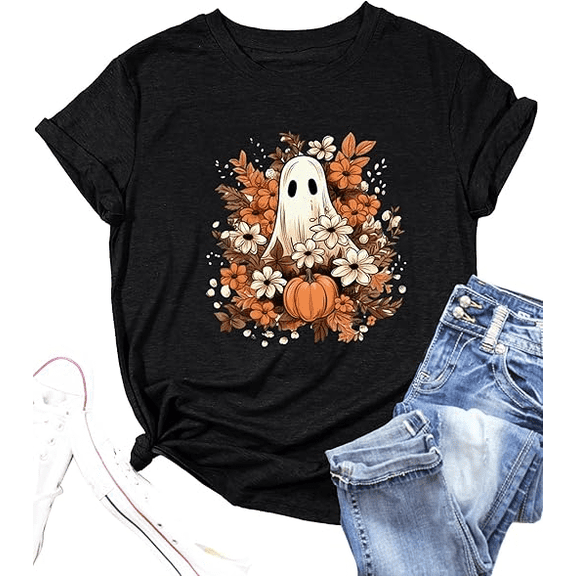 Bohemian Flowers Print Halloween Shirt Short Sleeve Shirt for Women
