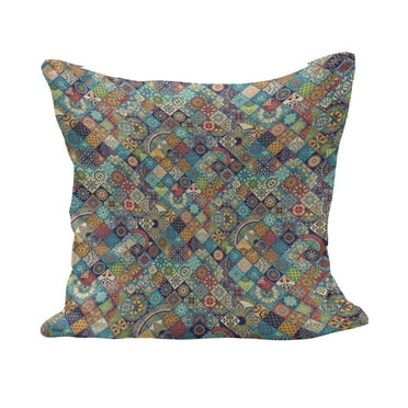 Bohemian Fluffy Throw Pillow Cushion Cover, Geometric Pattern Ornamental Floral Folk Art Abstract, Decorative Square Accent Pillow Case, 16" x 16", Multicolor, by Ambesonne