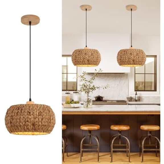 Bohemian Flush Mount Rattan Pendant Light - 10.6 Round Handwoven Jute & Wood Ceiling Fixture, Single E26 Bulb Compatible for Bedroom/Kitchen/Farmhouse, Flush Mount Ceiling Ligh