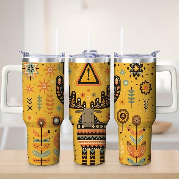 Bohemian Folk Art Moose Stainless Steel Insulated Mug with Lid and Handle, 30oz
