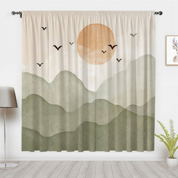 Bohemian Forest Style Window Curtain Sunset Flying bird lines mountains Window Treatment Blackout Curtain Bedroom living room privacy Decor(Rod pocket)