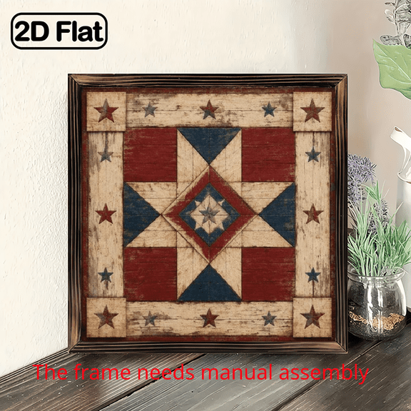 Bohemian Framed Wall Decor Sign - Vintage Barn Starlight Quilt Striped Plaque Suitable for Farmhouse, Bedrooms, Garages, Offices, Patriotic Red Blue Rustic Decoration, Ideal for Independe