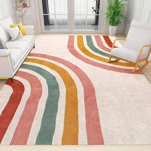 Bohemian Fresh Pink Abstract Rainbow Area Rugs, Mid Century Modern Curved Gradient Lines Print Large Rug, For Room Sofa Living Room Mat Bedroom Home Decor Floor Mats 4x5ft
