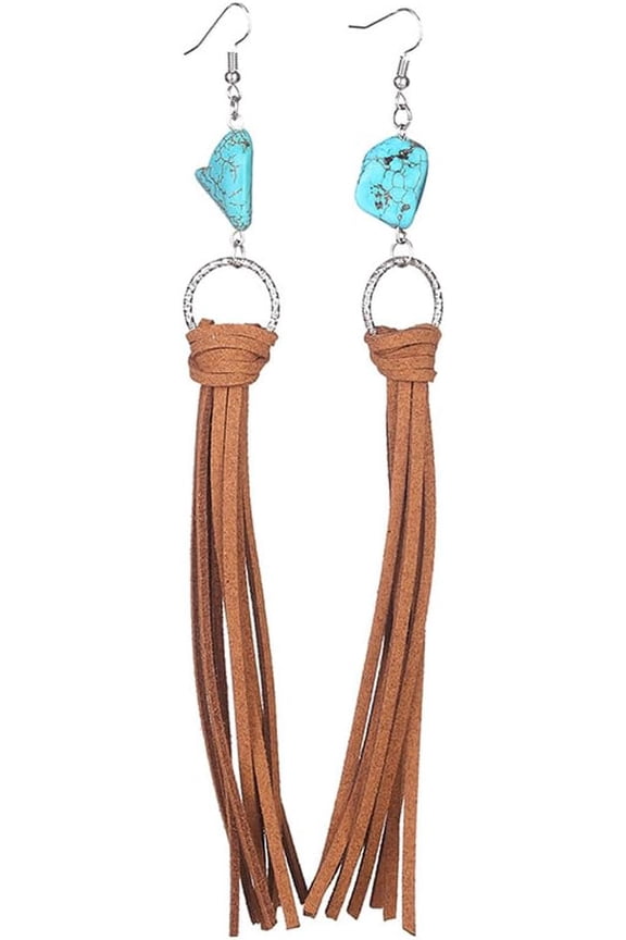 Bohemian Fringe Leather Earrrings Handmade Tassel Earrings with Turquoise Long Western Statement Dangel Earrings Vintage Long Turquoise Leather Tassel Earrings for Women Jewelry