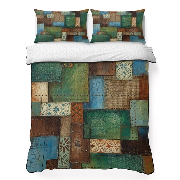 Bohemian Full Quilt Bedding Set, Modern Mottled Art Prints Geometric Plaid Patchwork Lightweight Comforter with 2 Pillow Shams Bedroom Bedspread Set Home Decor for All Seasons