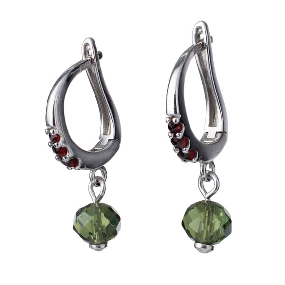 Bohemian Garnet And Moldavite Sterling Silver English Lock Earrings