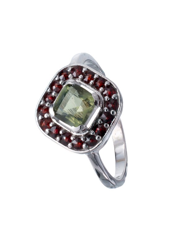 Bohemian Garnet Moldavite Rhombus Ring