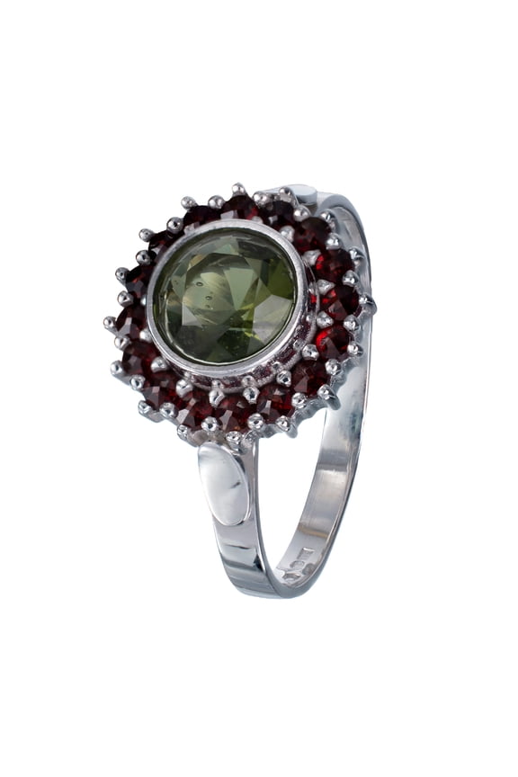 Bohemian Garnet Round Moldavite Ring