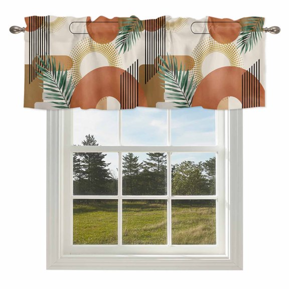 Bohemian Geometric Arch Leaf Valances for Windows Abstract Line on Beige Rod Pocket Curtain Valance Window Treatment Short Curtains for Kitchen Living Room,42x12in