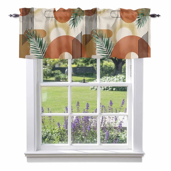 Bohemian Geometric Arch Leaf Valances for Windows,Kitchen Valance Rod Pocket Short Curtain, Abstract Line on Beige Valance Curtain Window Valances for Bedroom Bathroom Living Room 42x12in