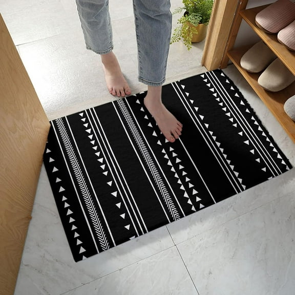 Bohemian Geometric Bath Mat Boho Style Stripes Triangle Black Soft Absorbent Microfiber Plush Bathroom Rugs Mat Non Slip Doormat Floor Mat Carpet 18x30 Inches