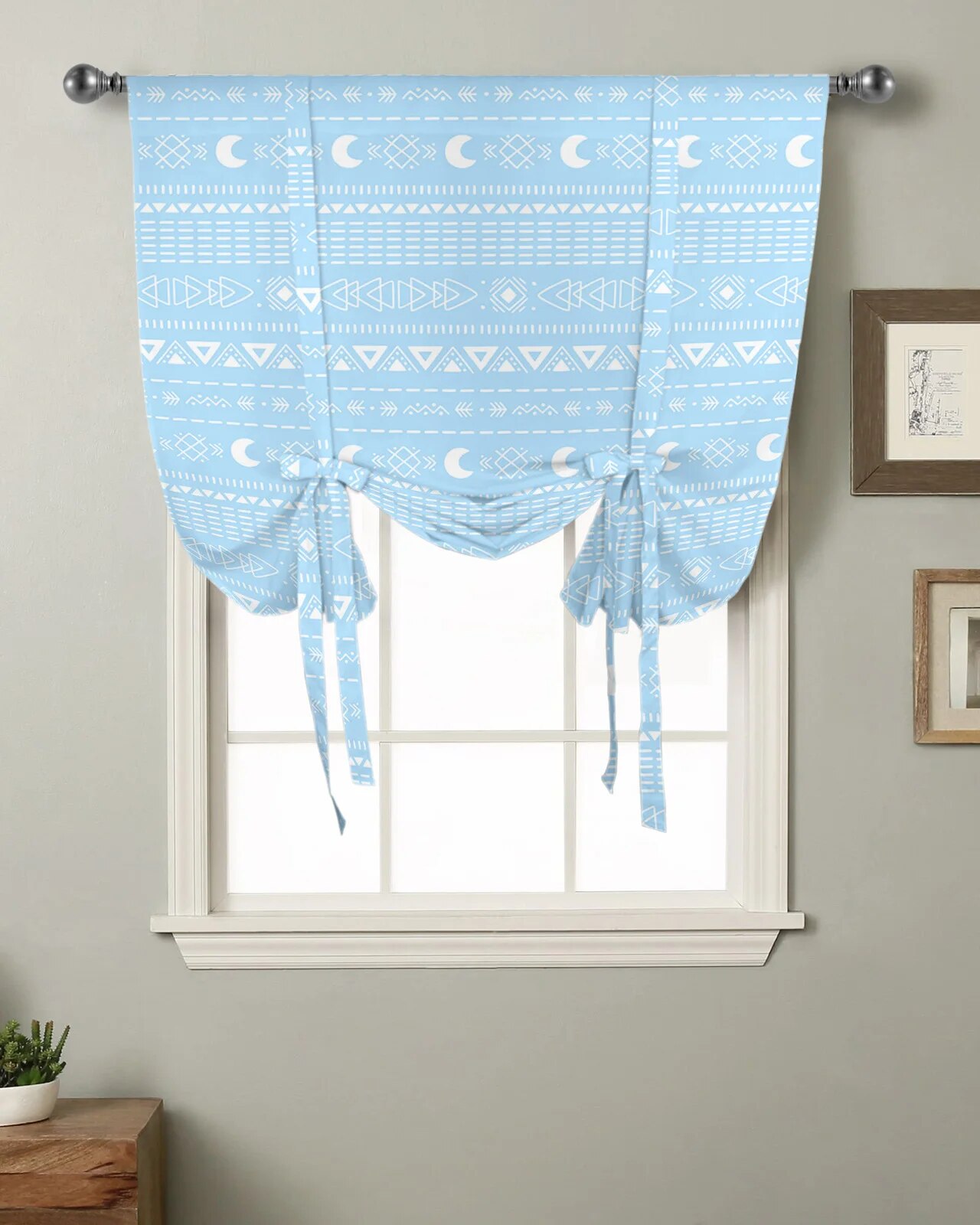 Bohemian Geometric Blue Kitchen Short Window Curtain Rod Pocket ...