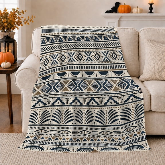 Bohemian Geometric Chevron Pattern, Cozy Artistic Scene, Warm Flannel Blanket for Living Room and Bedroom with Detailed Artwork, Art Lovers Thanksgiving Gift, Artistic Home Decor