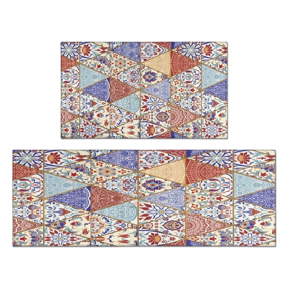 Bohemian Geometric Diamond Design Kitchen Rugs and Mats Sets Of 2, Funny Kitchen Decoration Rubber Backing Non-Slip Absorbent Mats for Sink Waterproof Runner Rug for Laundry Room 17x30+17x48inch