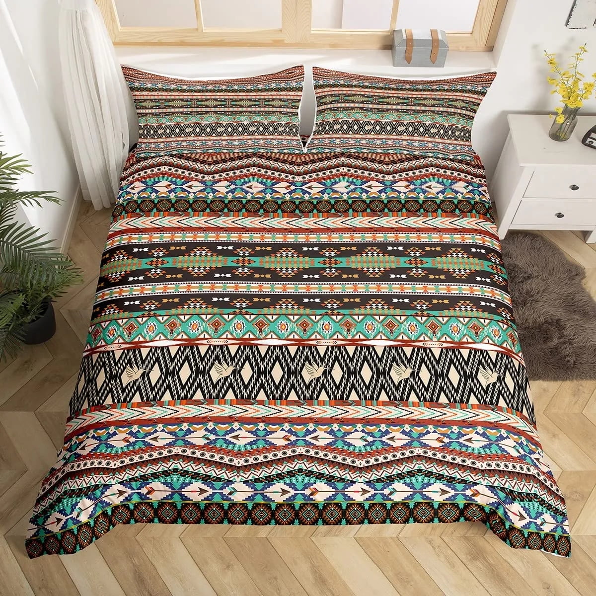 Bohemian Geometric Duvet Cover Set Full Vintage Circle Rhombus Tribal Bedding Set Colorful