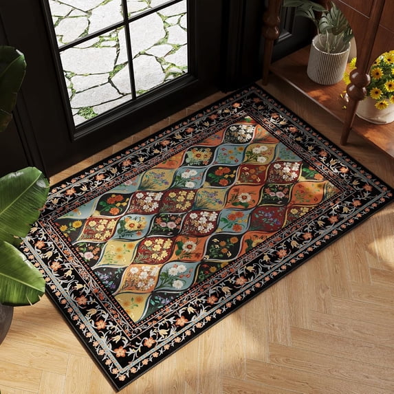 Bohemian Geometric Floral Entryway Rug 2x3, Machine Washable Indoor ...