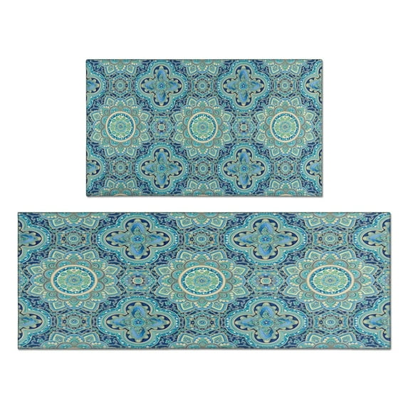 Bohemian Geometric Patterns Kitchen Rugs and Mats Sets Of 2, Funny Kitchen Decoration Rubber Backing Non-Slip Absorbent Mats for Sink Waterproof Runner Rug for Laundry Room 17x30+17x48inch