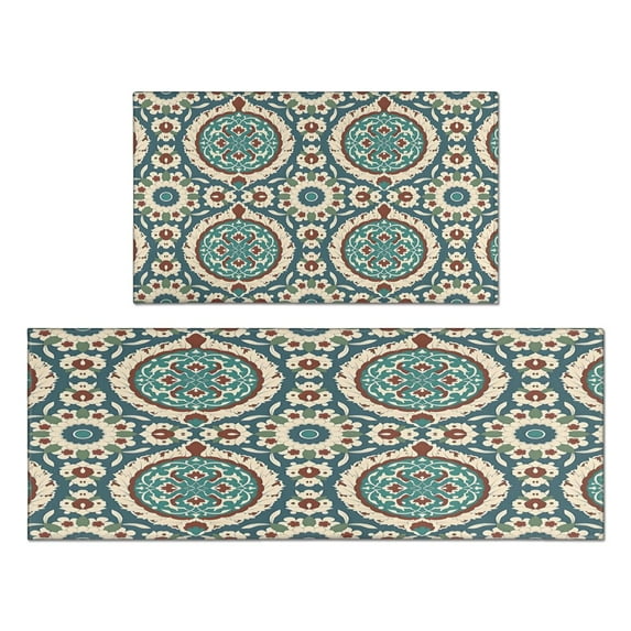 Bohemian Geometric Patterns Kitchen Rugs and Mats Sets Of 2, Funny Kitchen Decoration Rubber Backing Non-Slip Absorbent Mats for Sink Waterproof Runner Rug for Laundry Room 17x30+17x48inch