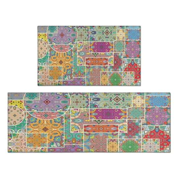 Bohemian Geometric Patterns Retro Kitchen Rugs and Mats Sets Of 2, Funny Kitchen Decoration Rubber Backing Non-Slip Absorbent Mats for Sink Waterproof Runner Rug for Laundry Room 17x30+17x48inch