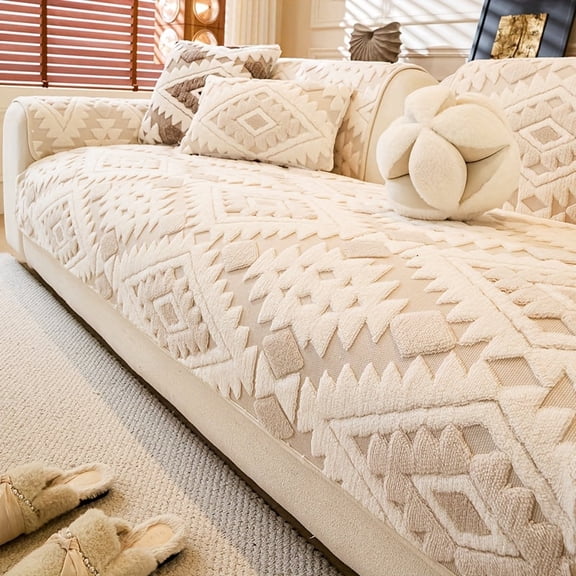 Bohemian Geometric Plush Couch Cover, Non-Slip Washable Fuzzy Sofa Slipcover, Furniture Protector(Beige Armrest)