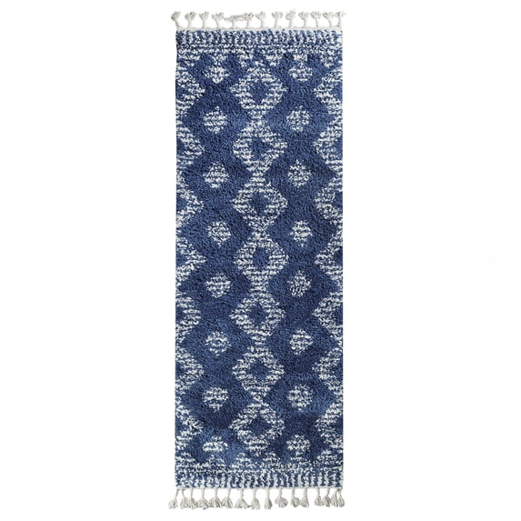 Bohemian Geometric Shag Indoor Tassel Runner Rug, Cream/Blue, 2' 7" x 8'