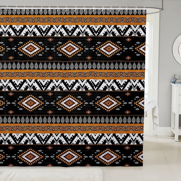 Bohemian Geometric Shower Curtain Black and Orange Aztec Tribal Pattern Fabric Bath Curtain with 12 Hooks 71x71 inches
