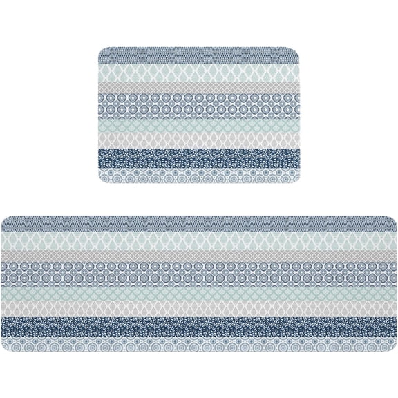 Bohemian Geometric Stripe Gray Aqua Blue Navy Blue Kitchen Mat Rug Set of 2 Runner Rug Anti-Fatigue Comfort Memory Foam Standing Mat Non-Slip Floor Door Mat for Bathroom Bedroom 18x30in+18x60in