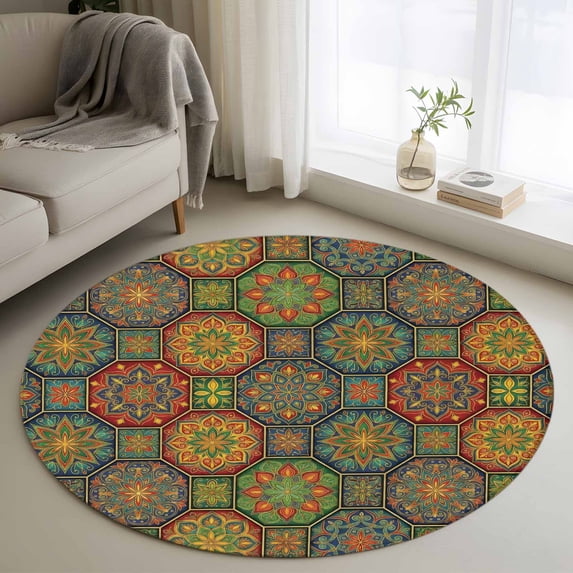 Bohemian Gold Floral 3FT Round Area Rugs Boho Tribal Ethnic Abstract ...