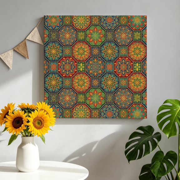 Bohemian Gold Floral Canvas Wall Art, Boho Tribal Ethnic Abstract Geometric Flower Framed Canvas Wall Decor Picture Print Artwork Decorations for Living Room Office Ready to Hang 12" x 12"