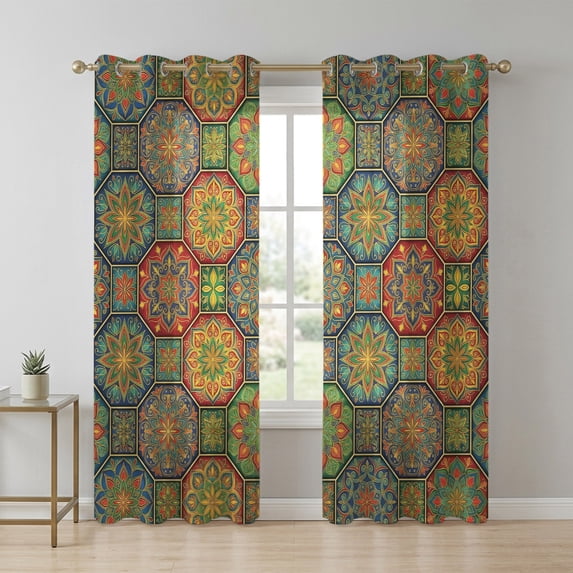 Bohemian Gold Floral Sheer Curtains 90 Inch Long 2 Panels, Boho Tribal ...