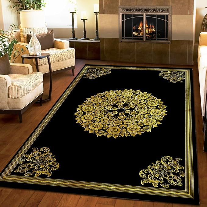 Bohemian Golden Flowers Decorative Rug, Luxury Black Gold Border ...